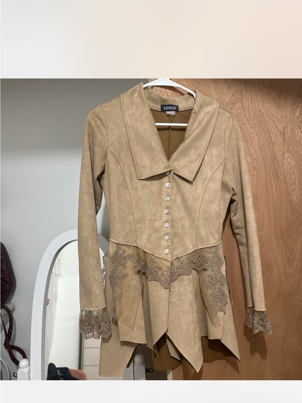 VENUS Tan Lace-Trim Suede-Style Peplum Jacket